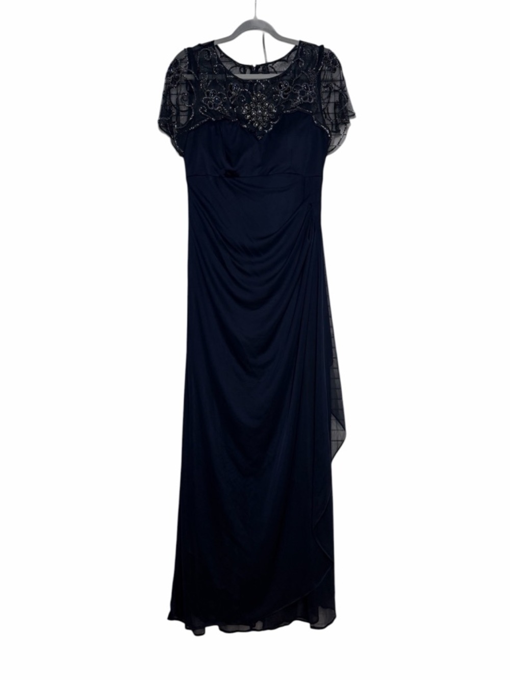 XSCAPE Dahlia Long Sheer Matte Jersey Beaded Top Dress coquette Navy Size 12 - Picture 5 of 15